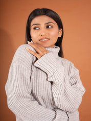 KOTTY Solid High Neck Casual Women Grey Sweater 