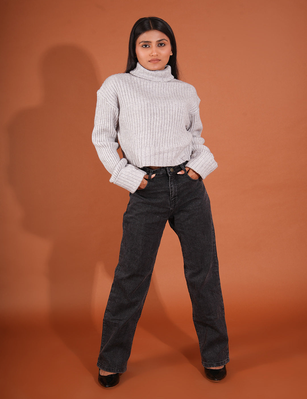 KOTTY Solid High Neck Casual Women Grey Sweater 