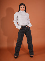 KOTTY Solid High Neck Casual Women Grey Sweater 