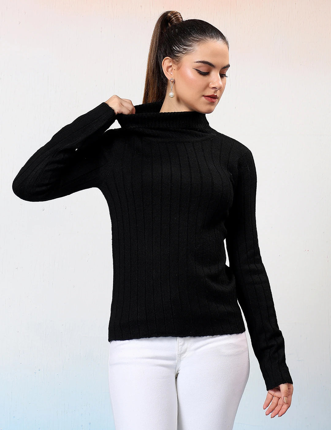KOTTY Self Design High Neck Casual Women Black Sweater 