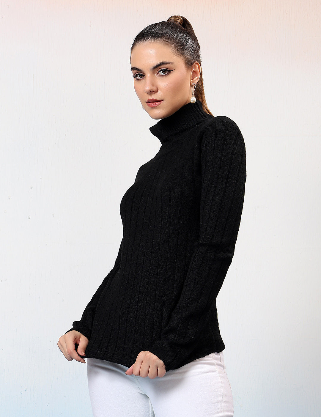 KOTTY Self Design High Neck Casual Women Black Sweater 