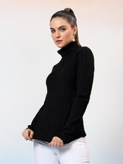 KOTTY Self Design High Neck Casual Women Black Sweater 