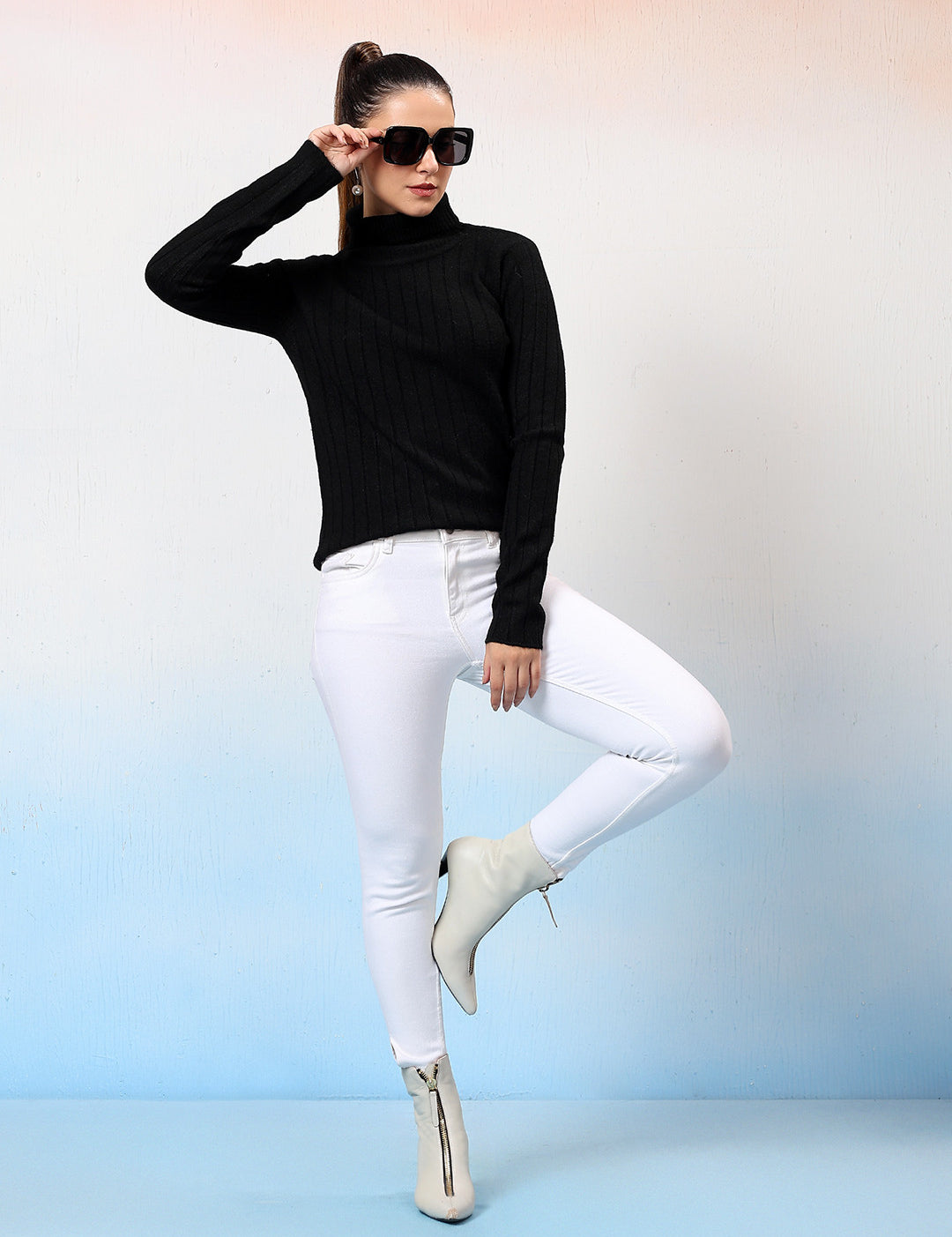 KOTTY Self Design High Neck Casual Women Black Sweater 
