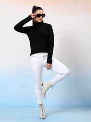 KOTTY Self Design High Neck Casual Women Black Sweater 