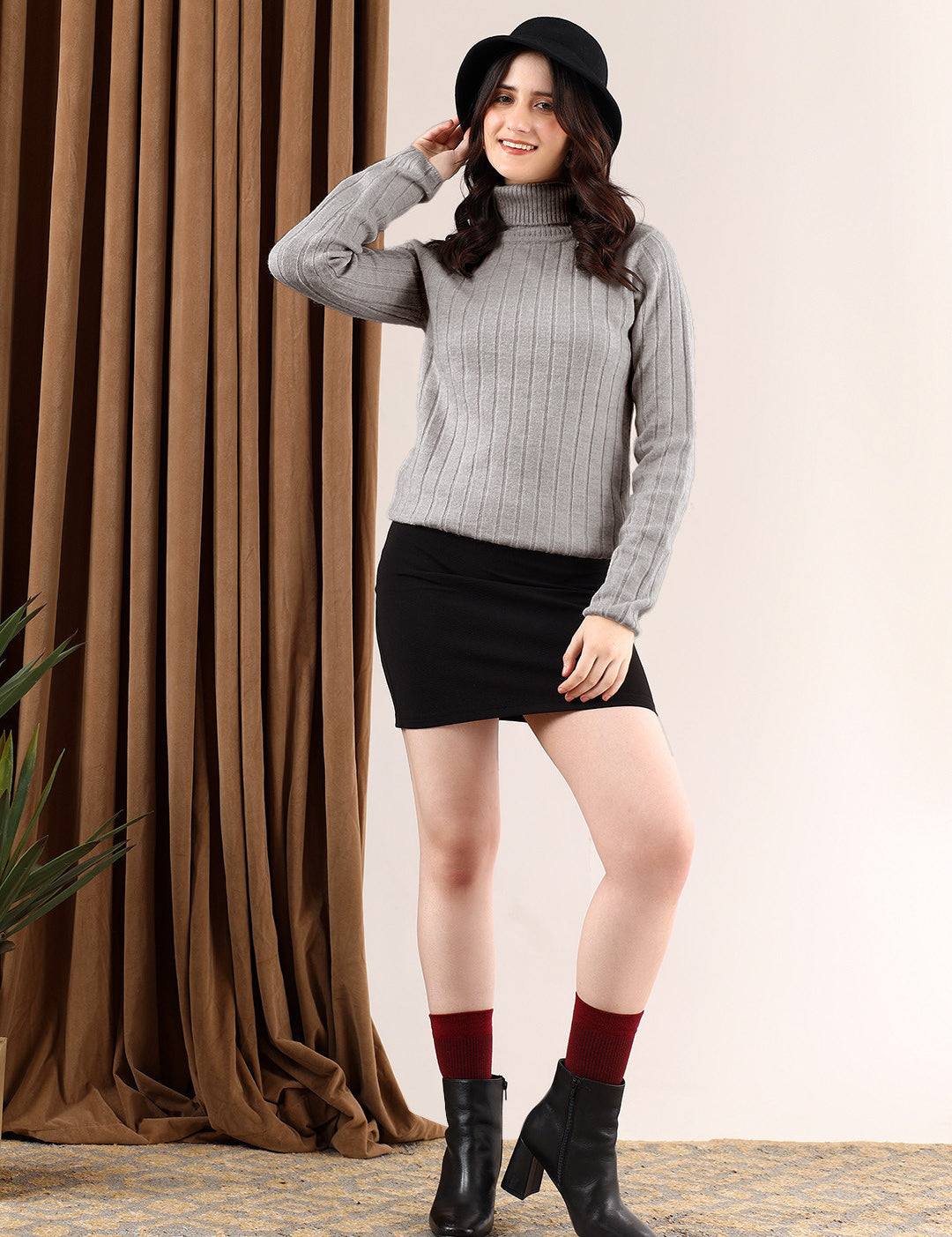 KOTTY Solid High Neck Casual Women Grey Sweater 
