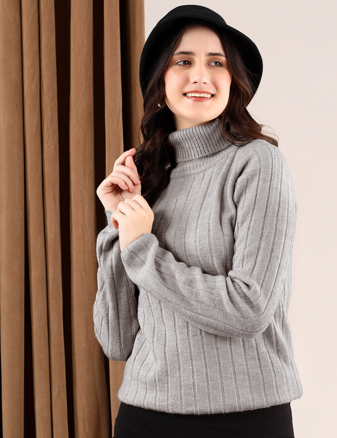 KOTTY Solid High Neck Casual Women Grey Sweater 