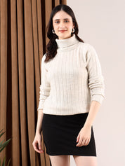 KOTTY Solid High Neck Casual Women Beige Sweater 