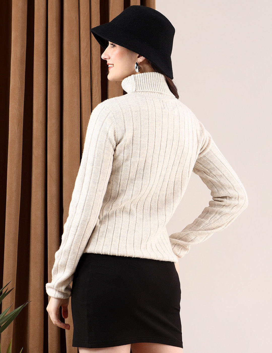 KOTTY Solid High Neck Casual Women Beige Sweater 