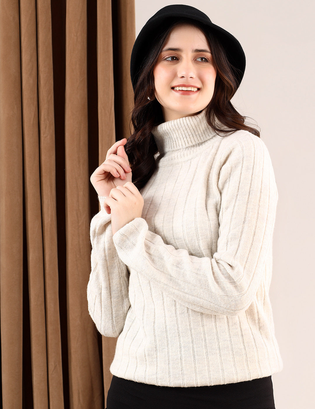 KOTTY Solid High Neck Casual Women Beige Sweater 