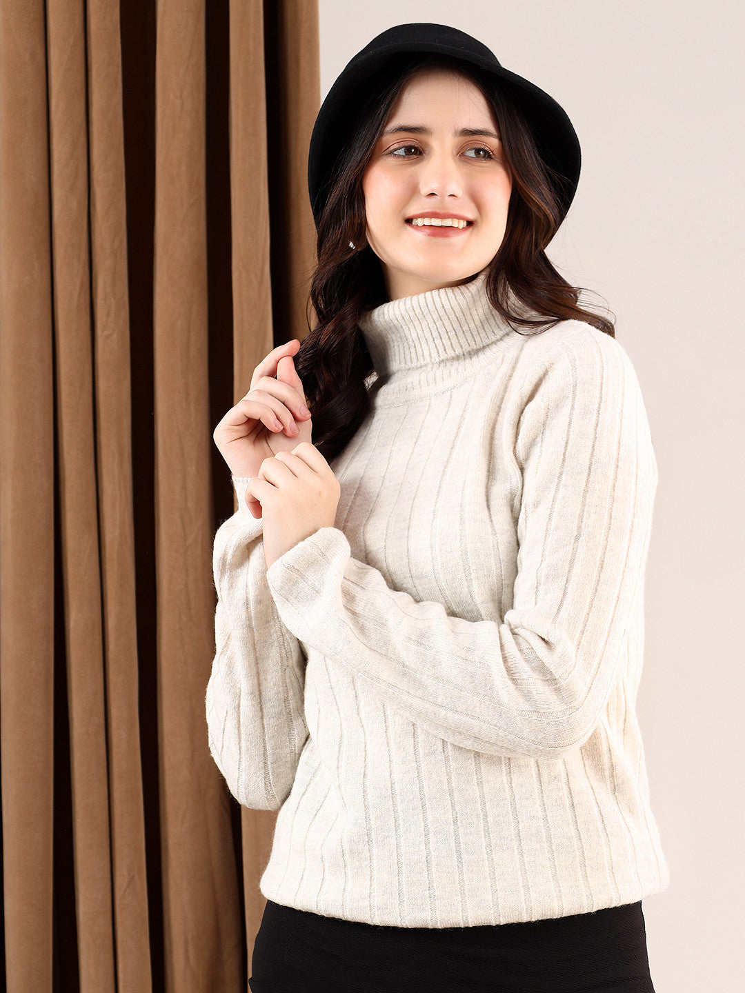 KOTTY Solid High Neck Casual Women Beige Sweater 