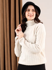 KOTTY Solid High Neck Casual Women Beige Sweater 
