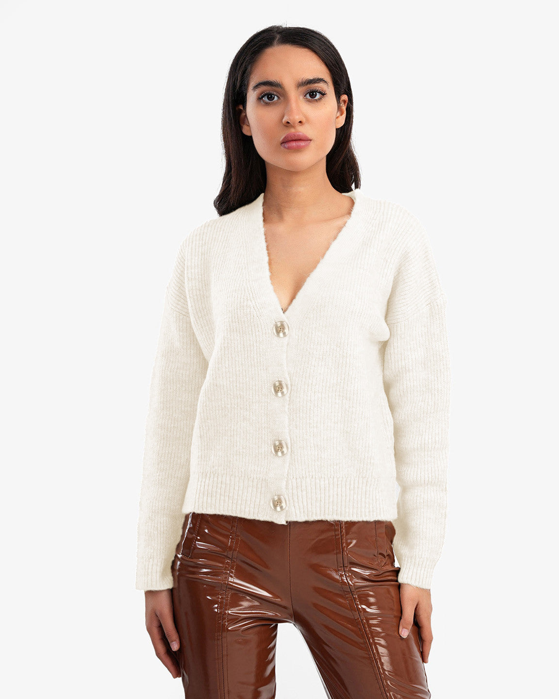 KOTTY Solid V Neck Casual Women White Sweater 
