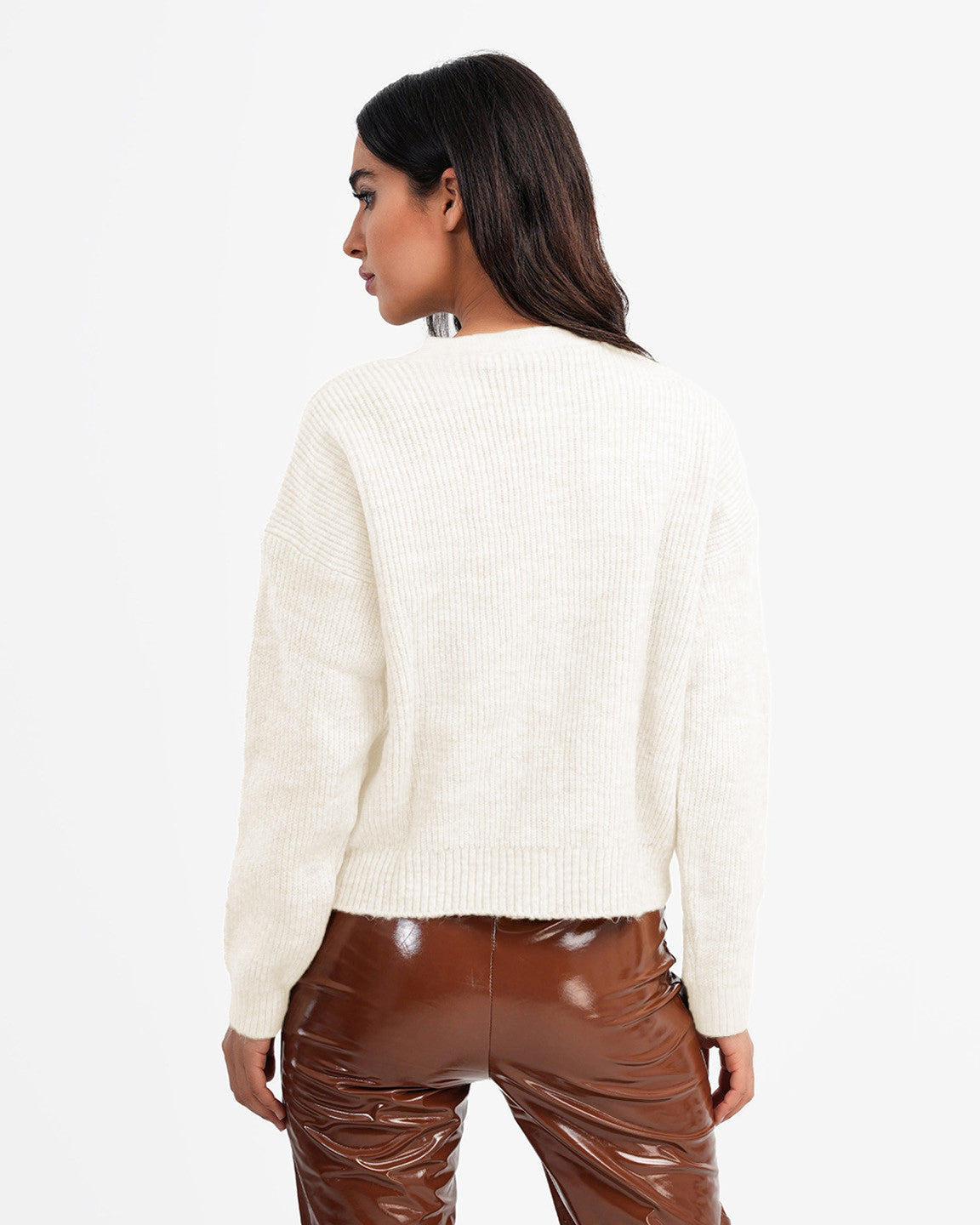 KOTTY Solid V Neck Casual Women White Sweater 