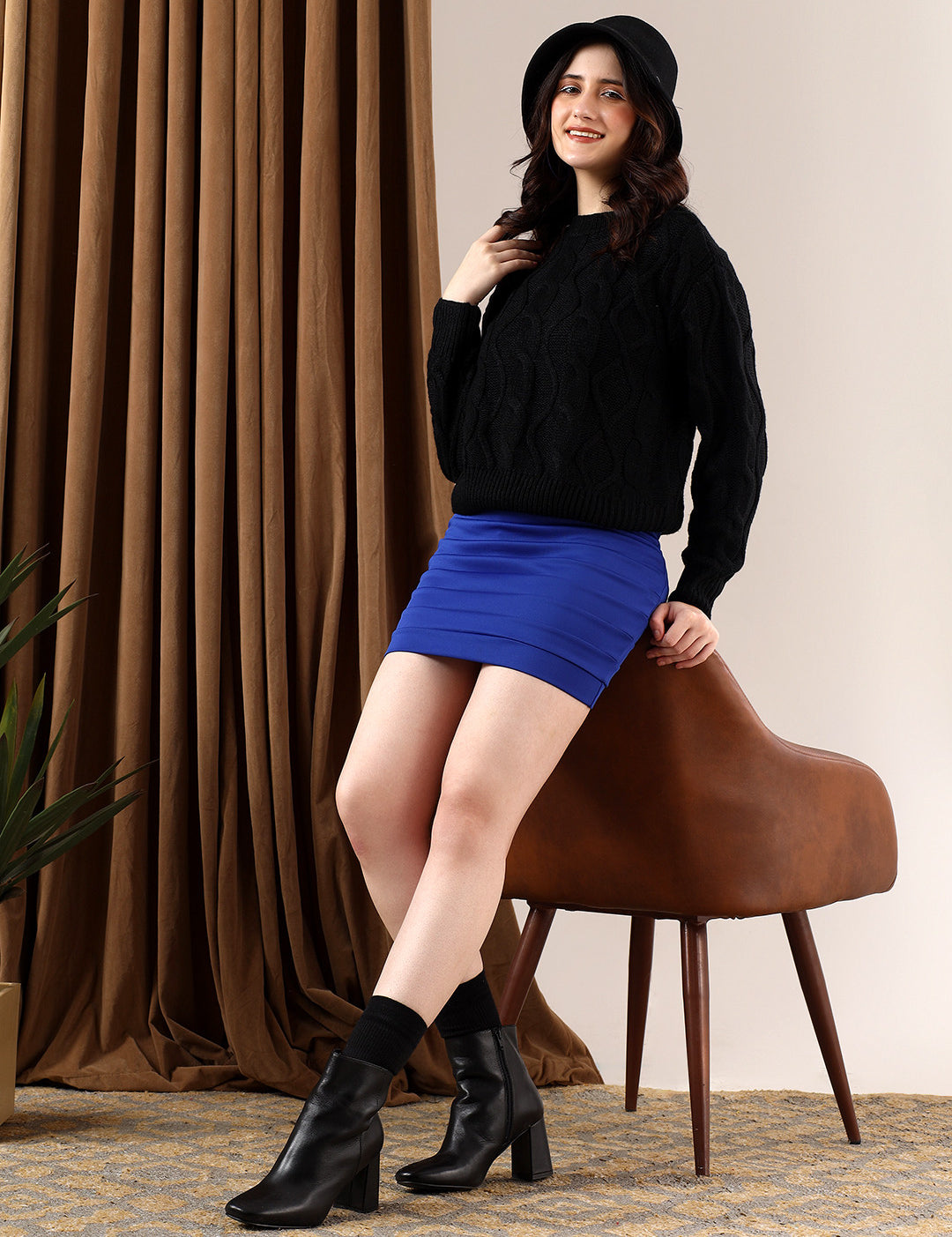 KOTTY Self Design High Neck Casual Women Black Sweater 