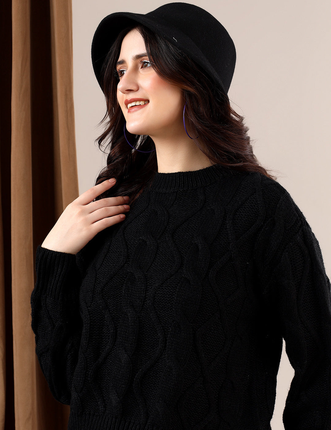 KOTTY Self Design High Neck Casual Women Black Sweater 