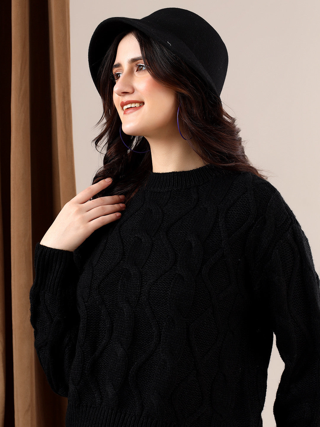 KOTTY Self Design High Neck Casual Women Black Sweater 