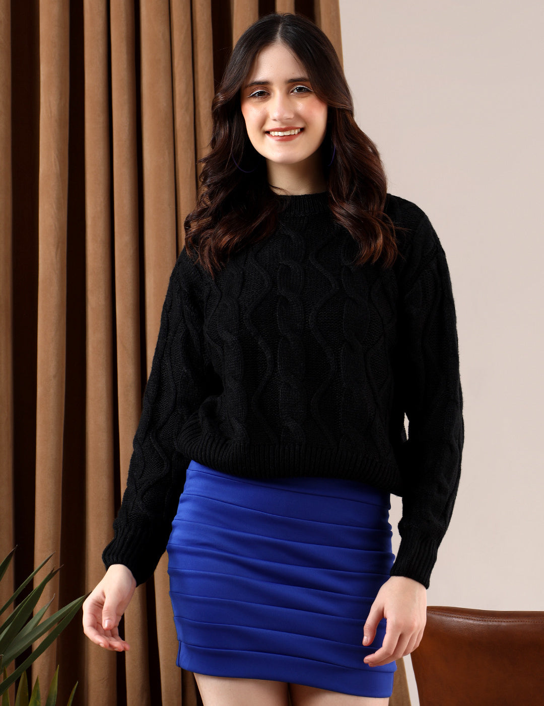 KOTTY Self Design High Neck Casual Women Black Sweater 