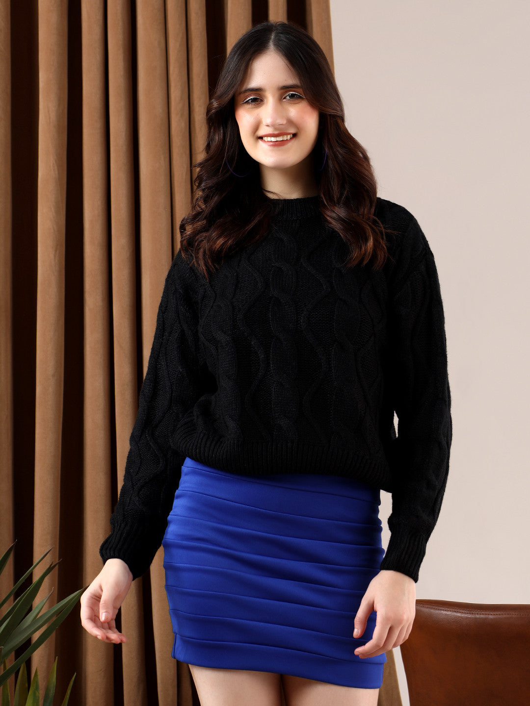 KOTTY Self Design High Neck Casual Women Black Sweater 