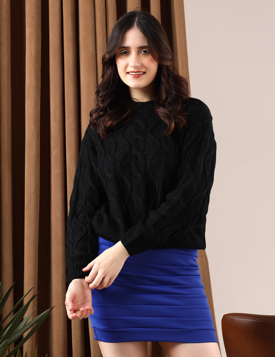KOTTY Self Design High Neck Casual Women Black Sweater 