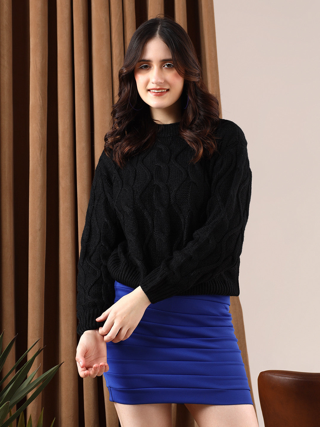 KOTTY Self Design High Neck Casual Women Black Sweater 
