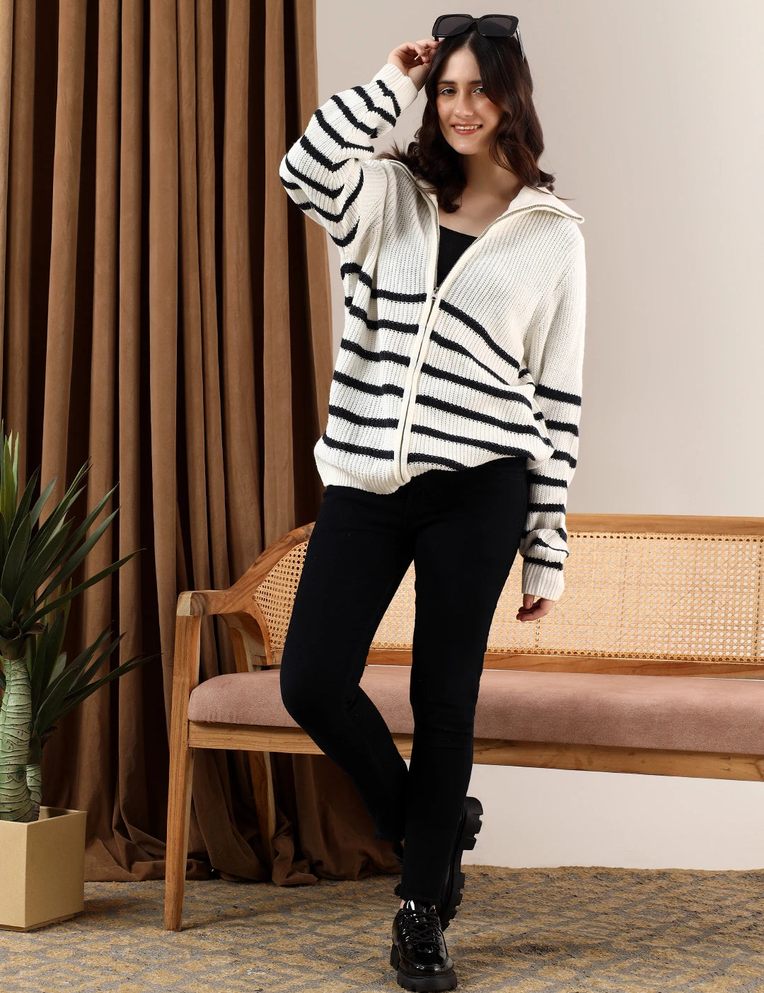 KOTTY Striped High Neck Casual Women White Sweater 