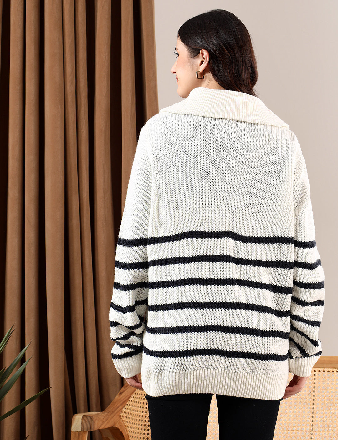 KOTTY Striped High Neck Casual Women White Sweater 