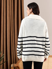 KOTTY Striped High Neck Casual Women White Sweater 