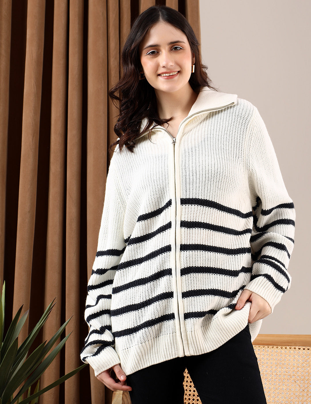 KOTTY Striped High Neck Casual Women White Sweater 