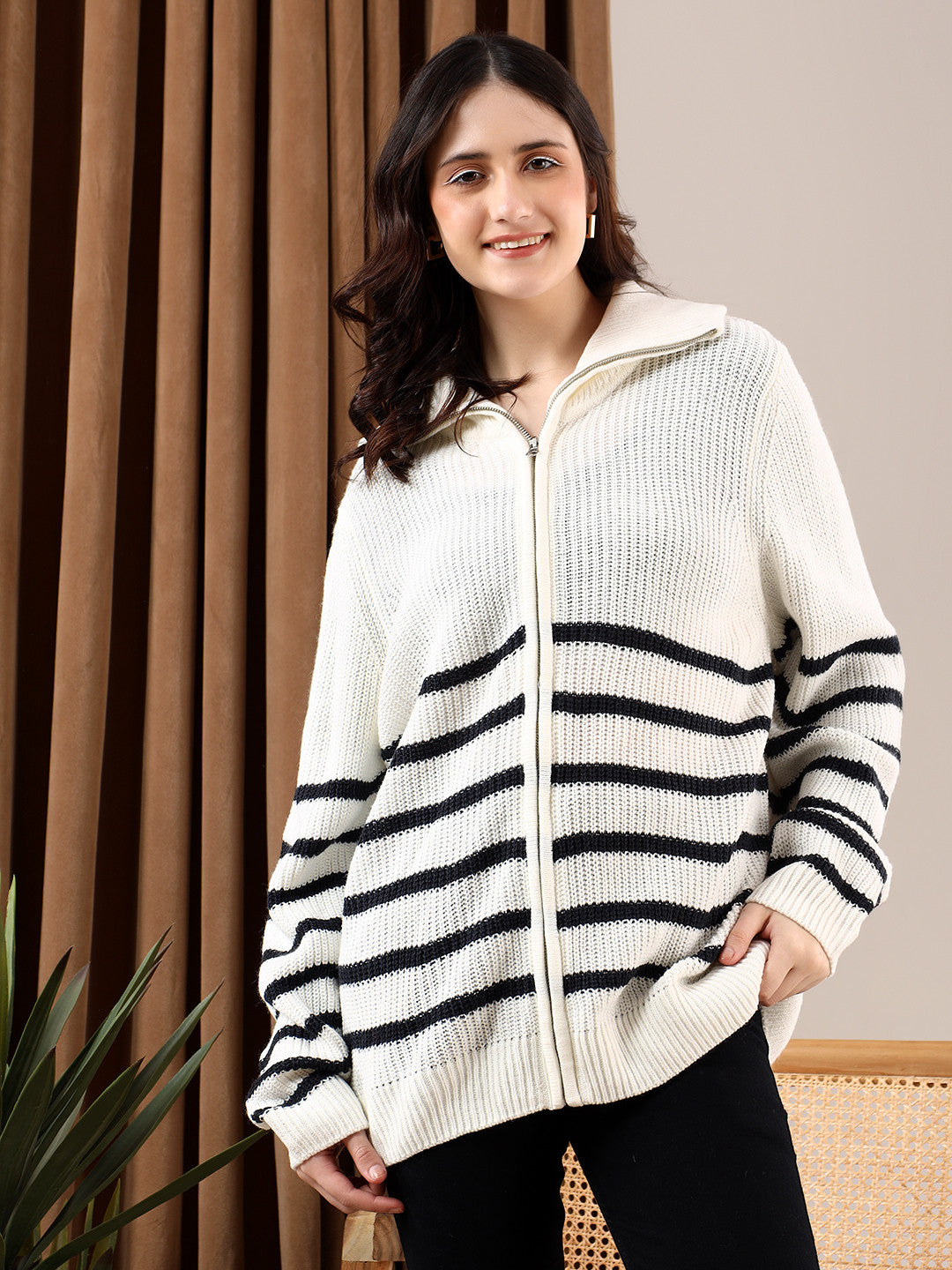 KOTTY Striped High Neck Casual Women White Sweater 