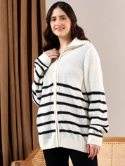 KOTTY Striped High Neck Casual Women White Sweater 