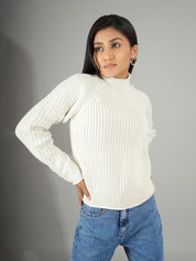 KOTTY Solid High Neck Casual Women White Sweater 