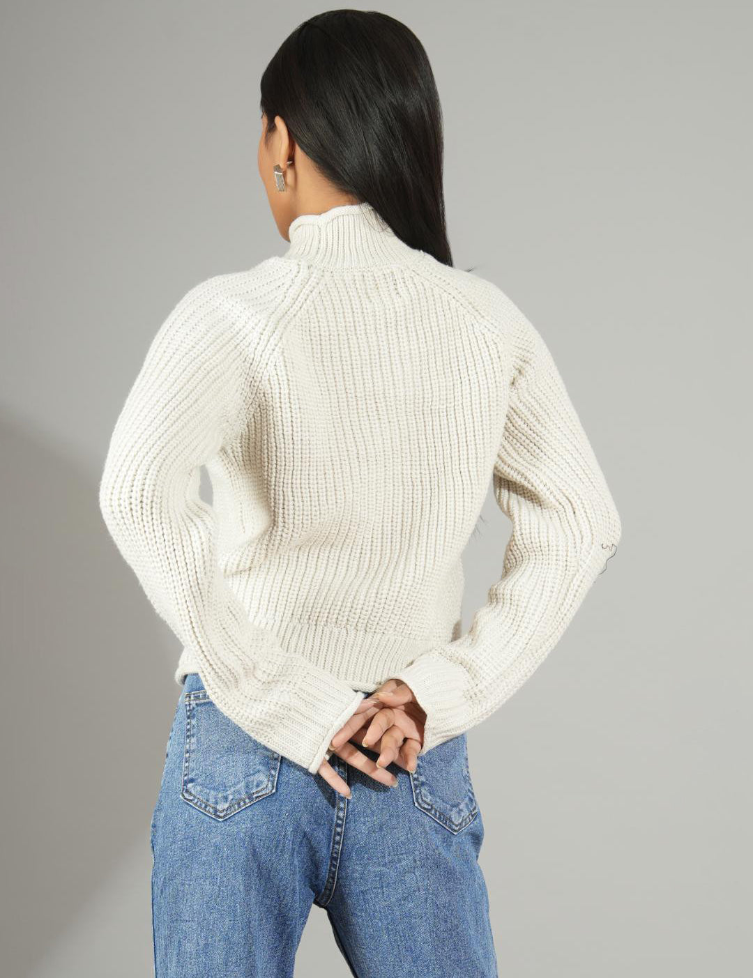 KOTTY Solid High Neck Casual Women White Sweater 