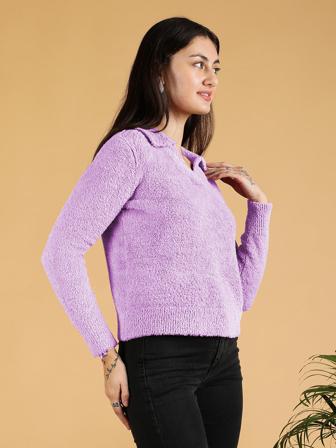KOTTY Solid Collared Neck Casual Women Purple Sweater 