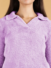 KOTTY Solid Collared Neck Casual Women Purple Sweater 