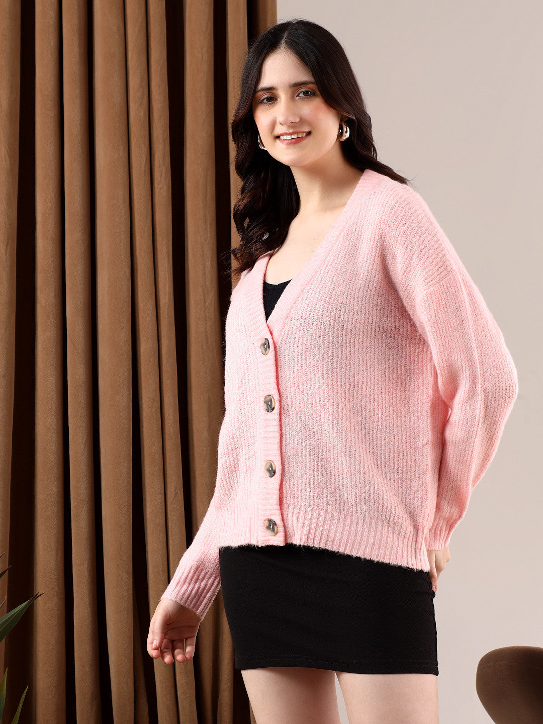 KOTTY Solid V Neck Casual Women Pink Sweater 