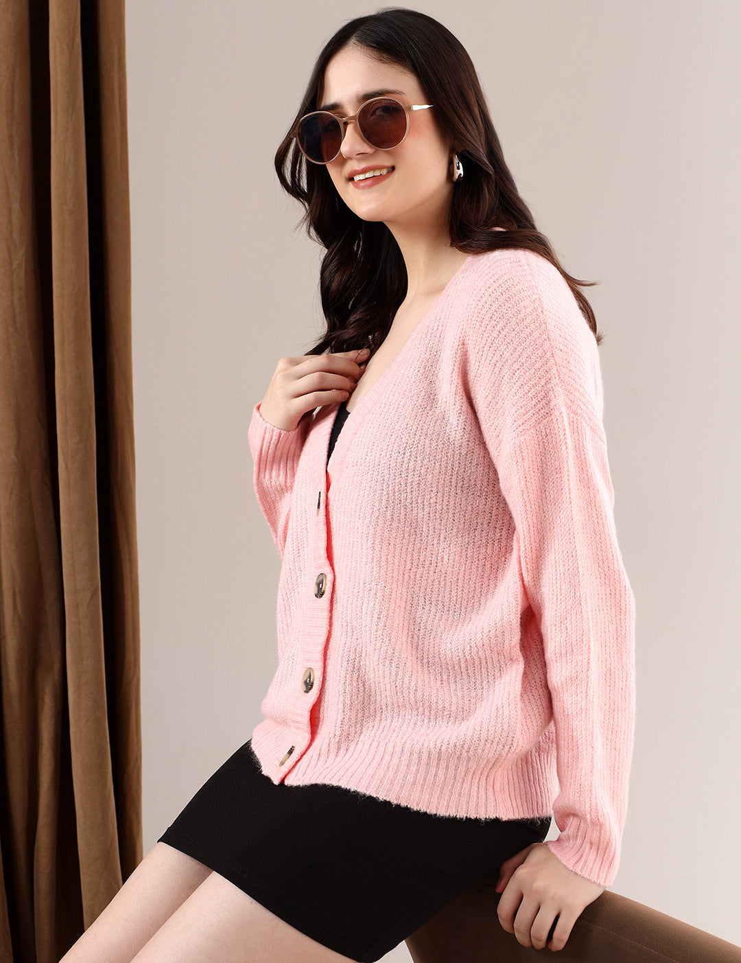 KOTTY Solid V Neck Casual Women Pink Sweater 