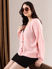 KOTTY Solid V Neck Casual Women Pink Sweater 