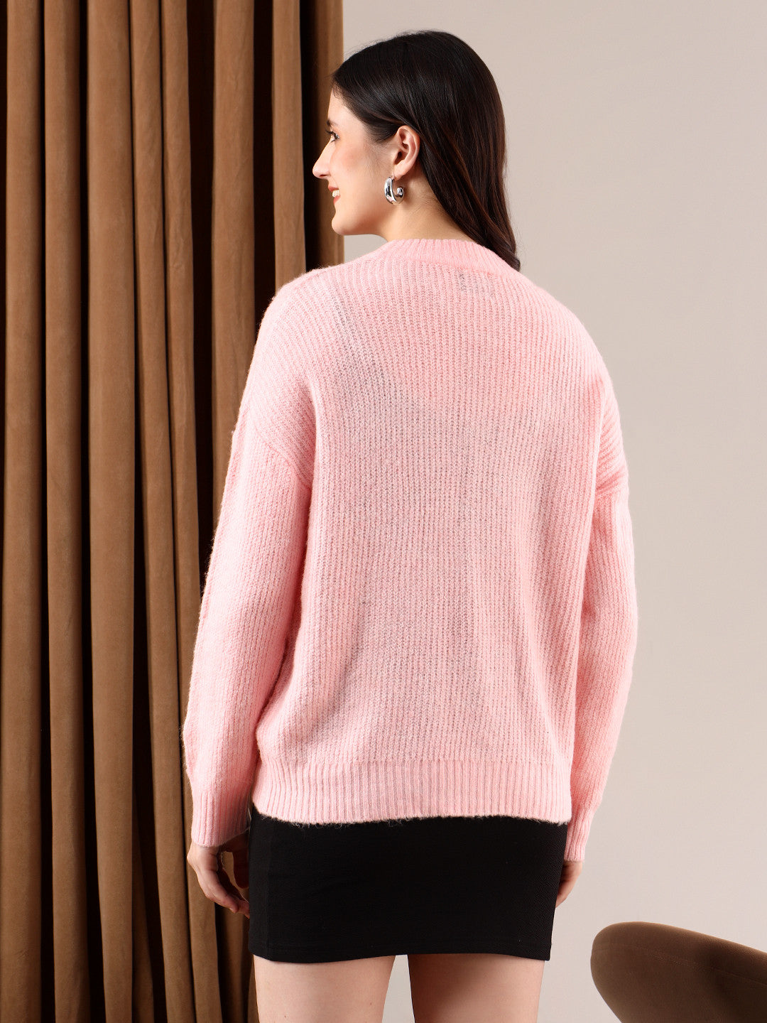 KOTTY Solid V Neck Casual Women Pink Sweater 