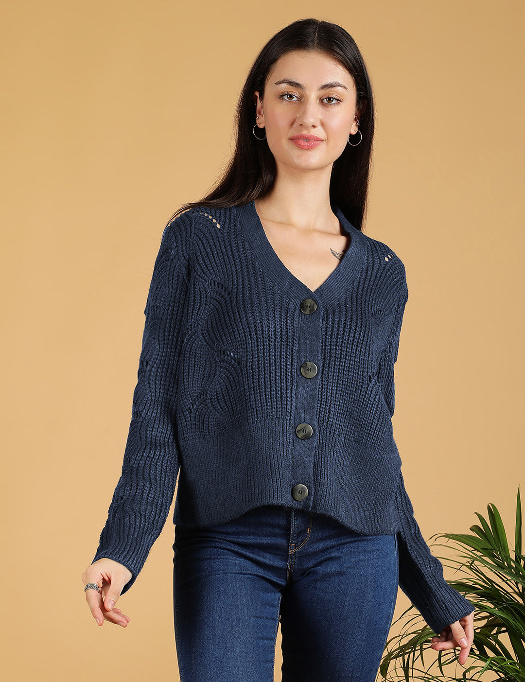 KOTTY Solid V Neck Casual Women Blue Sweater 