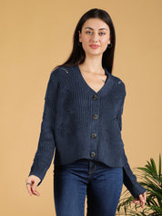 KOTTY Solid V Neck Casual Women Blue Sweater 
