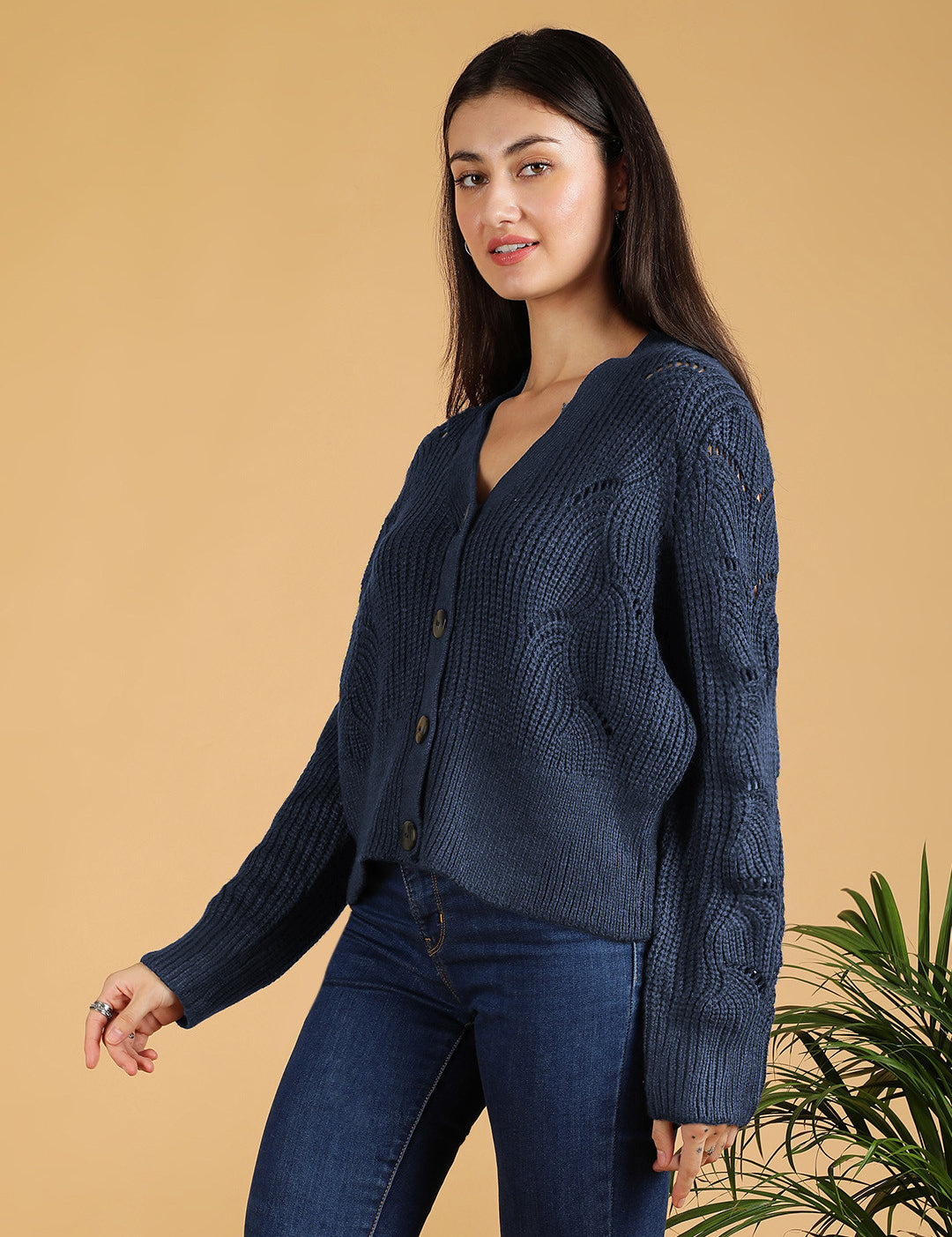 KOTTY Solid V Neck Casual Women Blue Sweater 