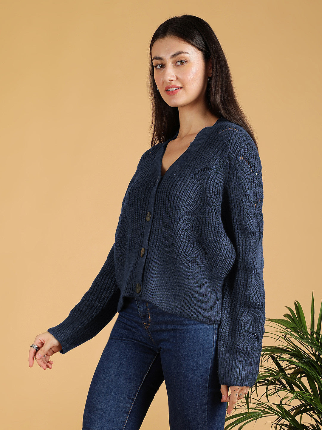 KOTTY Solid V Neck Casual Women Blue Sweater 