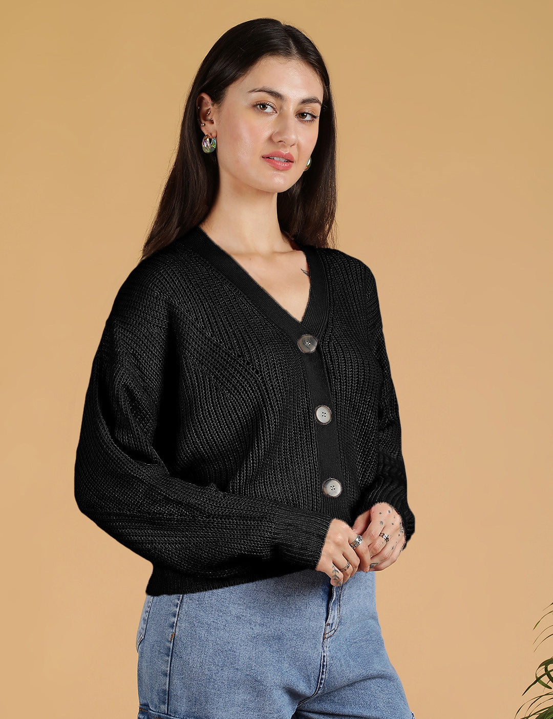 KOTTY Solid V Neck Casual Women Black Sweater 