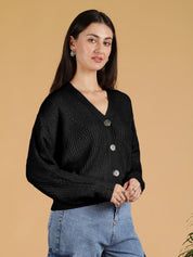 KOTTY Solid V Neck Casual Women Black Sweater 