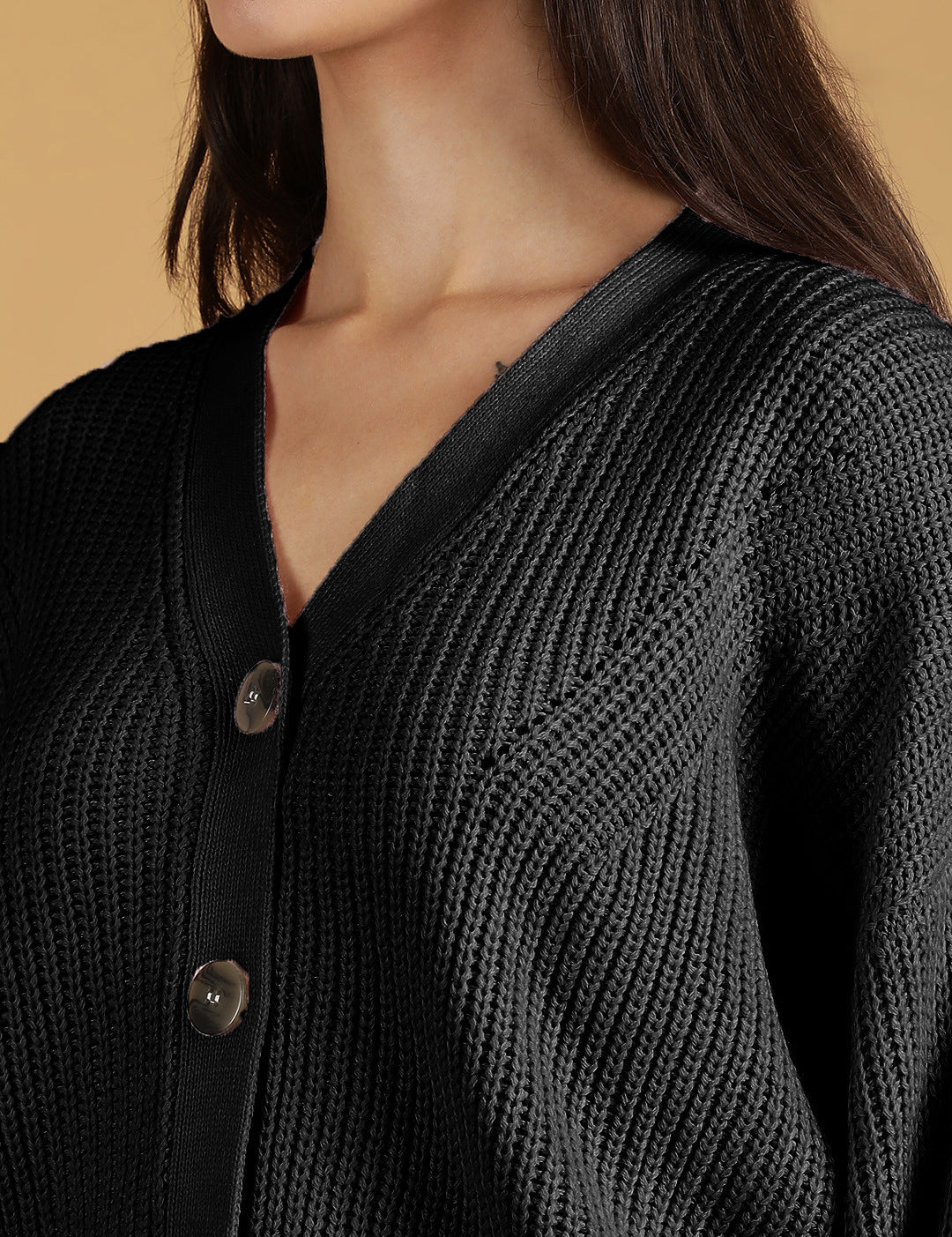 KOTTY Solid V Neck Casual Women Black Sweater 