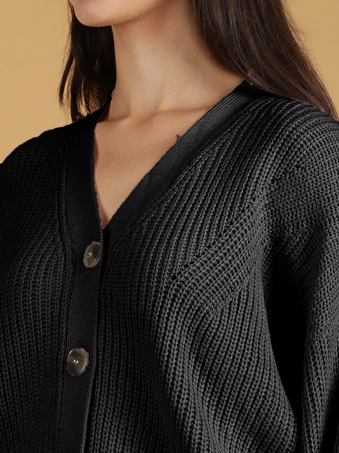 KOTTY Solid V Neck Casual Women Black Sweater 