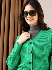 KOTTY Self Design V Neck Casual Women Green Sweater 