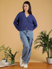KOTTY Solid V Neck Casual Women Blue Sweater 
