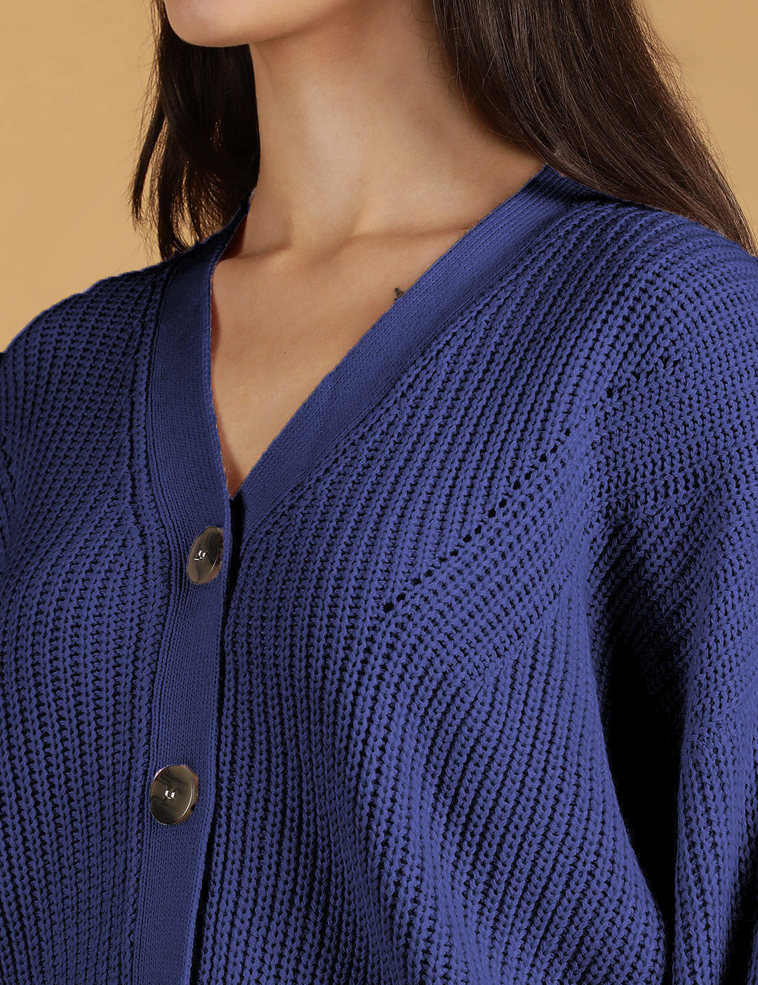KOTTY Solid V Neck Casual Women Blue Sweater 