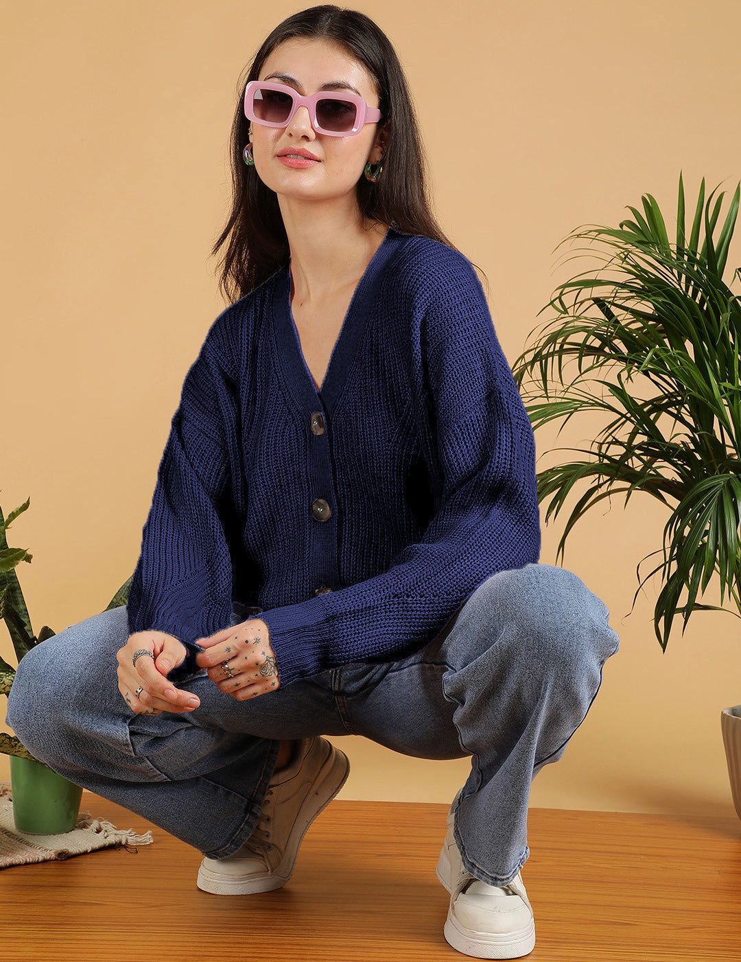 KOTTY Solid V Neck Casual Women Blue Sweater 
